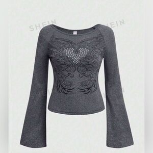 ROMWE Fairy-core Heart Print Flounce Sleeve Tee